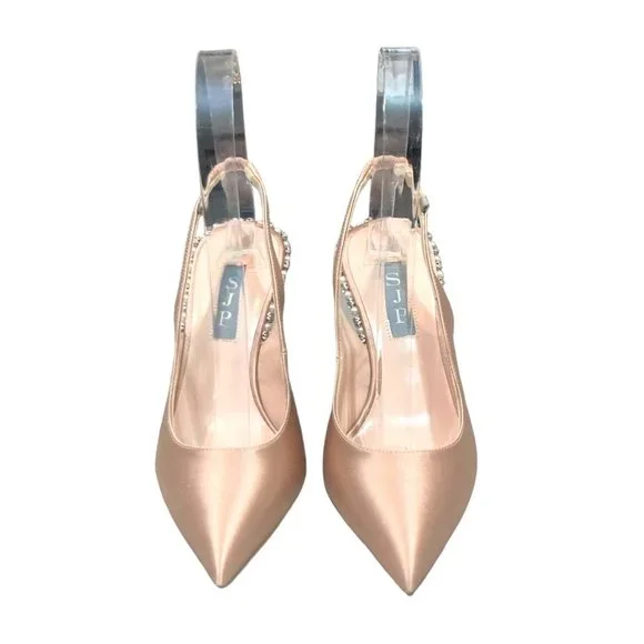 SJP by Sarah Jessica Parker Cy Pointed Toe Slingback Heel Nude Satin $495 - Picture 4 of 10